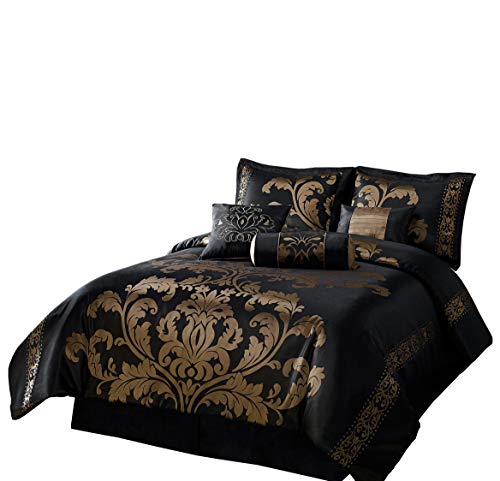 Product Cover Chezmoi Collection 7-Piece Jacquard Floral Comforter Set Bed-in-a-Bag Set, Queen, Black Gold