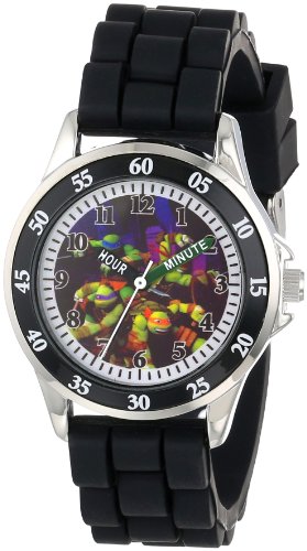 Product Cover Ninja Turtles Kids' Analog Watch with Silver-Tone Casing, Black Bezel, Black Strap - Official TMNT Characters on The Dial, Time-Teacher Watch, Safe for Children - Model: TMN9013