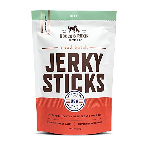 Product Cover Rocco & Roxie - Jerky Dog Treats Made in USA - Puppy Training Treat Slow Roasted Snacks for Dogs - Natural Grain Free Soft Chews - Delicious and Healthy Jerkey Sticks - All USDA Inspected Beef