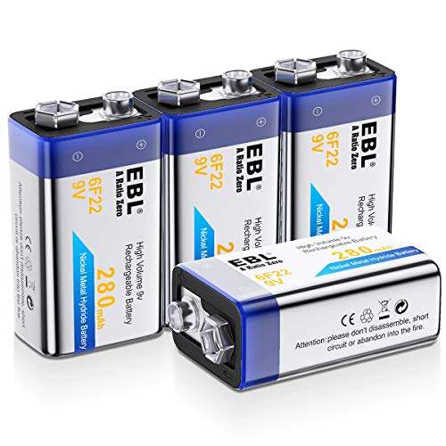 Product Cover EBL 9V Rechargeable Batteries NiMH Everyday 280mAh 9V Battery for Smoke Alarm Detector, 4-Packs