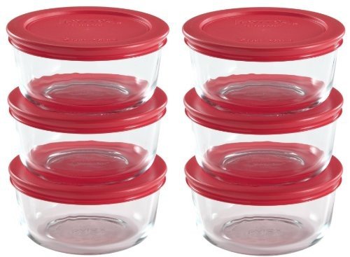 Product Cover World Kitchen 1085657 711717427614 Pyrex 2 Cup Food Plus Storage Set, 12 Pieces, Clear with Red Lid