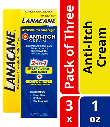 Product Cover Lanacane Maximum Strength Anti-itch Cream- Antiseptic For Fast-acting Itchy Skin Relief From Insect Bites, Rashes & Dry Skin, Cools & Soothes For Instant Relief, With Benzocaine, 1 oz. (Pack of 3)