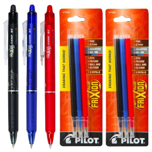 Product Cover Pilot FriXion Clicker Retractable Gel Ink Pens, Eraseable, Fine Point 0.7mm, Assorted Ink, Pack of 3 with Bonus 2 Packs of Refills