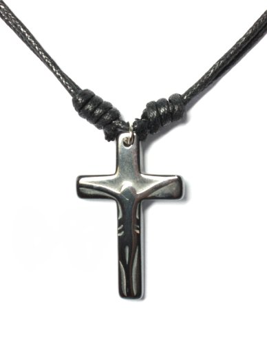 Product Cover BDJ Hematite Cool Crucifix Shadow Cross Pendant Black Cord Adjustable Necklace 16