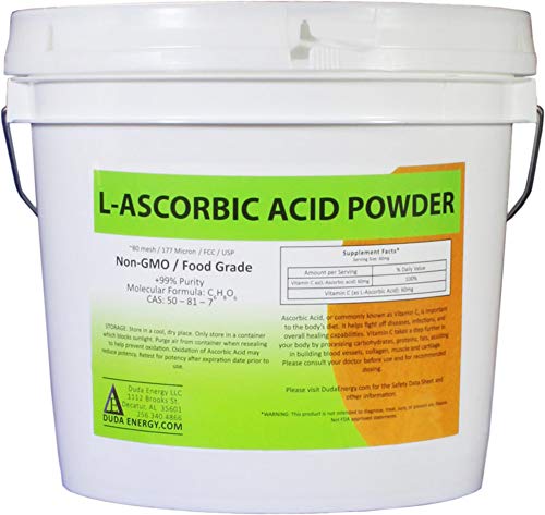 Product Cover Duda Energy asc8p Pail of L-Ascorbic Acid Powder 99+% Food Grade USP36/BP2012 Naturally Fermented Pure White Crystals Form of Vitamin C, 8 lb.