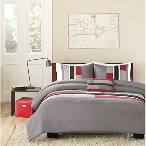 Product Cover Mi Zone - Pipeline Comforter Set - Red - Twin/ Twin XL - Striped Pieced Design With Twill Tape - Includes 1 Comforter, 1 Decorative Pillow, 1 Sham