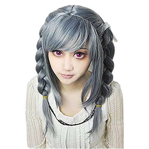 Product Cover Anogol Hair Cap+ Gray Double Braids Cosplay Wig Long Wig with Bangs for Costume Halloween