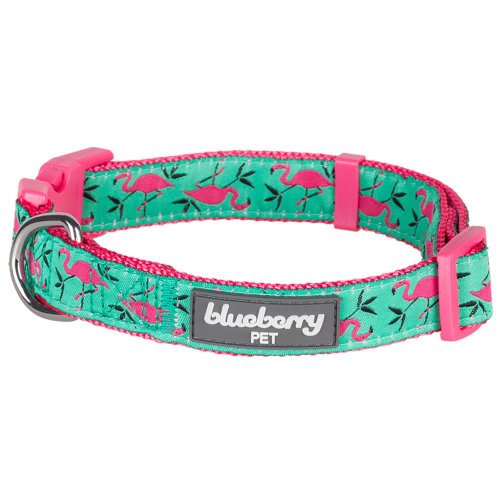 Product Cover Blueberry Pet 7 Patterns Pink Flamingo on Light Emerald Dog Collar, Medium, Neck 14.5