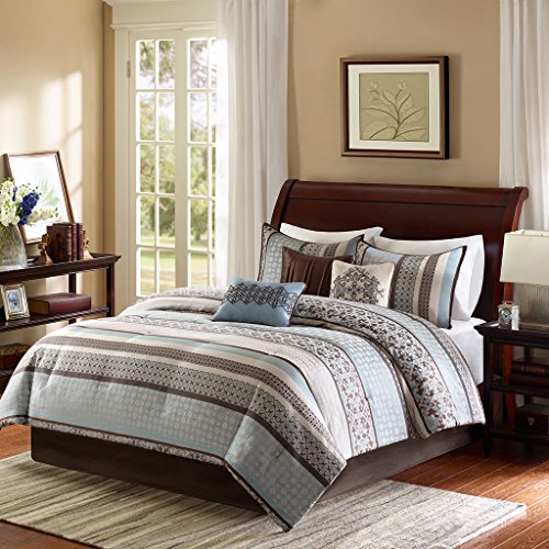 Product Cover Madison Park Princeton Cal King Size Bed Comforter Set Bed in A Bag - Teal, Jacquard Patterned Striped - 7 Pieces Bedding Sets - Ultra Soft Microfiber Bedroom Comforters