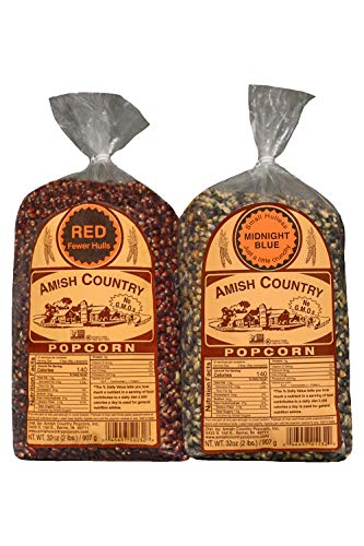 Product Cover Amish Country Popcorn - 2 Lb Bag Red Kernels & 2 Lb Bag Midnight Blue Kernels - Old Fashioned, Non GMO, Gluten Free, Microwaveable, Stovetop and Air Popper Friendly with Recipe Guide