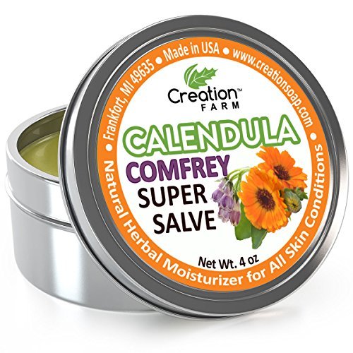 Product Cover Calendula - Comfrey Salve - Super Salve - Large 4 oz Tin, Super Salve, Herbal Salve. Direct from the Herb Farm, Calendula is an all time favorite herb for dry cracked skin, dermatitis, eczema and psoriasis. Combined these two herbs create a