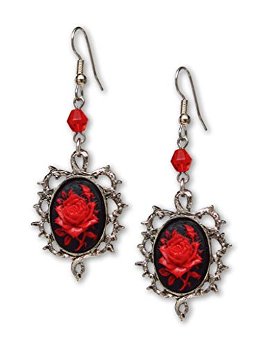 Product Cover Gothic Red Rose Cameo Earrings Surrounded by Thorns with Red Bead