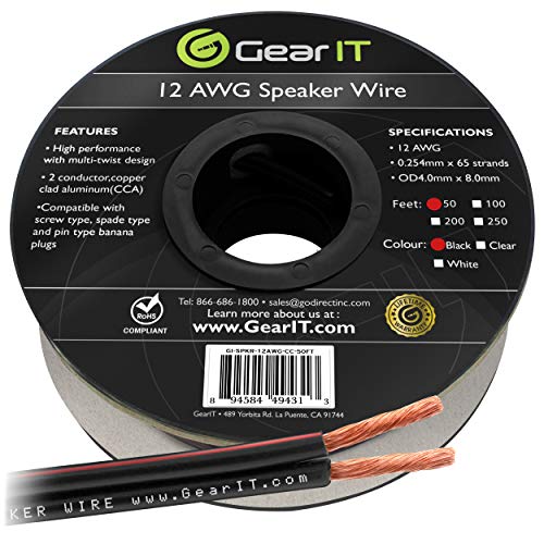 Product Cover 12AWG Speaker Wire, GearIT Pro Series 12 AWG Gauge Speaker Wire Cable (50 Feet / 15.24 Meters) Great Use for Home Theater Speakers and Car Speakers Black