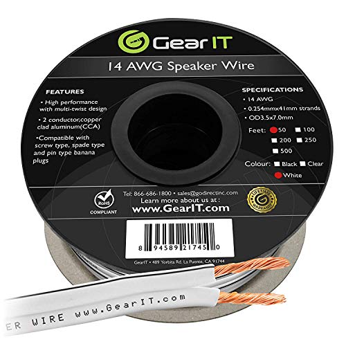 Product Cover 14AWG Speaker Wire, GearIT Pro Series 14 AWG Gauge Speaker Wire Cable (50 Feet / 15.24 Meters) Great Use for Home Theater Speakers and Car Speakers White
