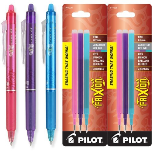 Product Cover Pilot FriXion Clicker Retractable Erasable Gel Ink Pens, Fine Point, 0.7mm, Assorted Fashion Ink, Pack of 3 with Bonus 2 Packs of Refills