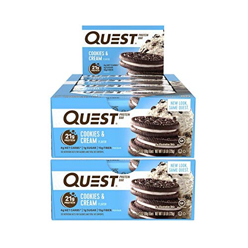 Product Cover Quest Nutrition Protein Bar Cookies & Cream. Low Carb Meal Replacement Bar with 20 gram + Protein. High Fiber, Gluten-Free (24 Count)