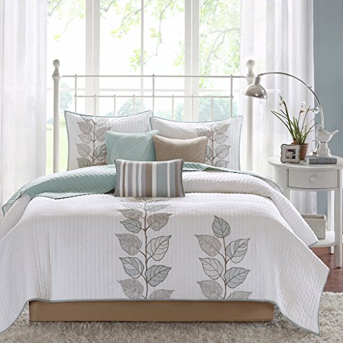 Product Cover Madison Park Caelie King Size Quilt Bedding Set - Aqua, White, Leaf Embroidery - 6 Piece Bedding Quilt Coverlets - Ultra Soft Microfiber Bed Quilts Quilted Coverlet