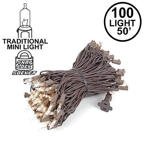 Product Cover Novelty Lights 100 Light Clear Christmas Mini String Light Set, Brown Wire, Indoor/Outdoor UL Listed, 50' Long