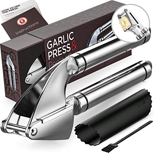 Product Cover Alpha Grillers Garlic Press. Stainless Steel Mincer & Crusher With Silicone Roller Peeler. Easy Squeeze, Rust Proof, Dishwasher Safe, Easy Clean