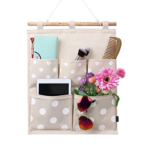 Product Cover Homecube Linen Cotton Fabric Wall Door Cloth Hanging Storage Bag Case 5 Pocket Home Organizer (White Polka Dots)
