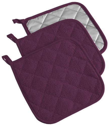 Product Cover DII 100% Cotton, Terry Pot Holder Set Machine Washable, Heat Resistant, 7 x 7, Eggplant, 3 Piece