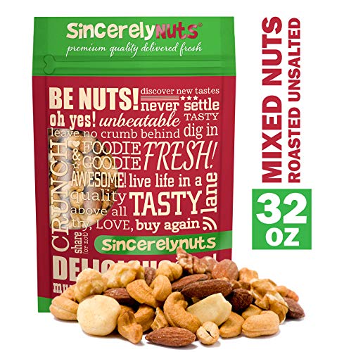 Product Cover Sincerely Nuts Roasted & Unsalted Mixed Nuts (2 LB) Almonds, Cashews, Brazil Nuts, Hazelnuts & Pecans - Vegan, Kosher & Gluten-Free Food-Nutrient Rich Alternative Treat for the Whole Family