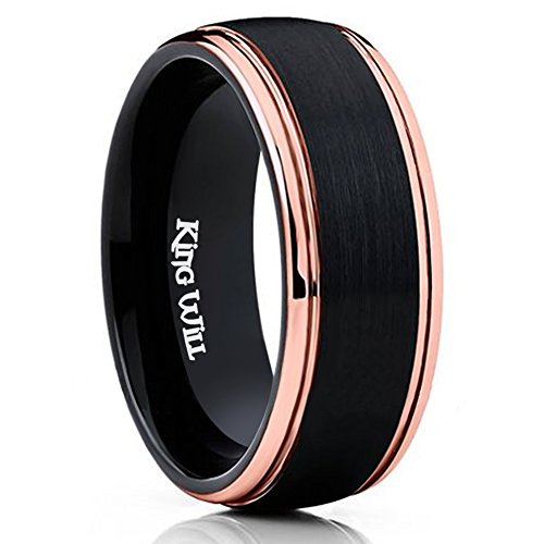 Product Cover King Will Mens 8MM Black Tungsten Carbide Ring Matte Brushed Wedding Band Rose Gold Plated Beveled Edge
