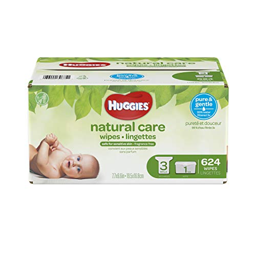 Product Cover HUGGIES Natural Care Unscented Baby Wipes, Sensitive, 3 Refill Packs Plus Refillable Tub, 624 Count Total