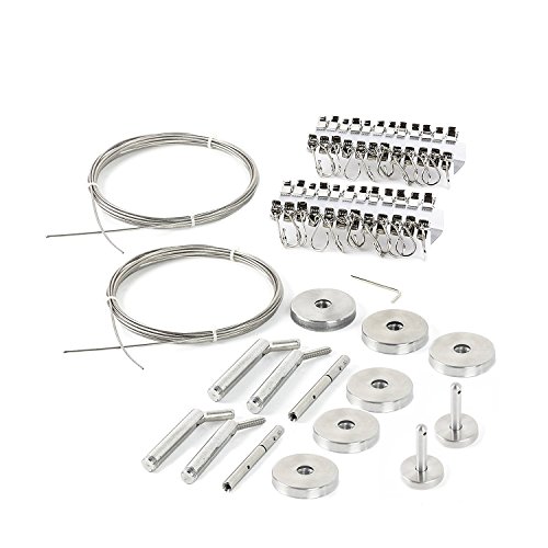 Product Cover Fasthomegoods Curtain Wire Rod Set Stainless Steel, Multi-Purpose, 33' Wire, 4 Mounting Pieces, 48 Clips, 2 Corner Pieces