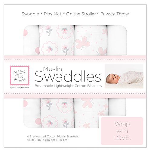 Product Cover SwaddleDesigns Cotton Muslin Swaddle Blankets, Set of 4, Pastel Pink Butterflies and Posies
