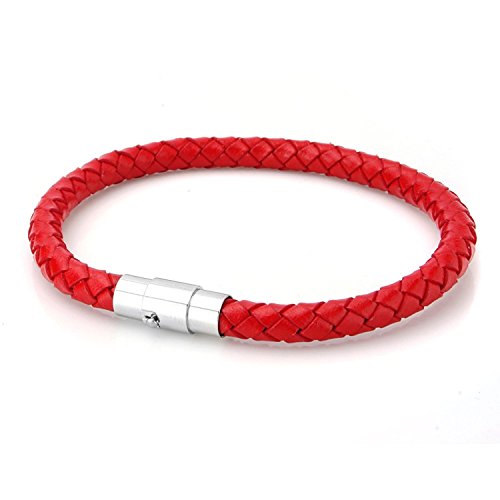 Product Cover JewelrieShop Braided Leather Bracelets for Mens Women Woven Wrap Bracelet Magnetic Lock Clasp Genuine Leather Bracelet Wristband Vintage Cuff Bracelet Leather Jewelry Friendship Couple Bracelet (Red)
