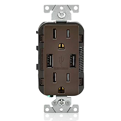Product Cover Leviton T5632 15-Amp USB Charger/Tamper Resistant Duplex Receptacle, Brown