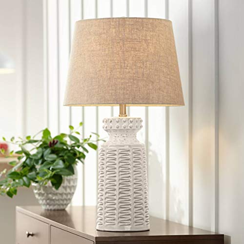 Product Cover Helene Country Cottage Table Lamp Ceramic Rustic Cream White Glaze Linen Tapered Drum Shade for Living Room Family Bedroom - 360 Lighting