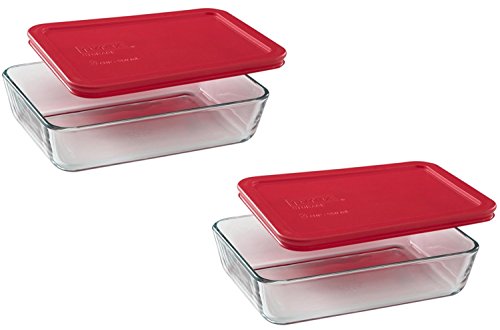 Product Cover Pyrex COMINHKR082745 3-Cup Rectangle Food Storage, Pack of 2 Containers, Box of 2, Clear, Red Cover