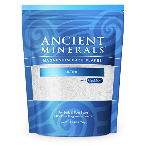 Product Cover Ancient Minerals Magnesium Bath Flakes Ultra with OptiMSM - Resealable Magnesium Supplement Bag of Zechstein Chloride with Proven Better Absorption Than Epsom Bath Salt (1.65 lb)