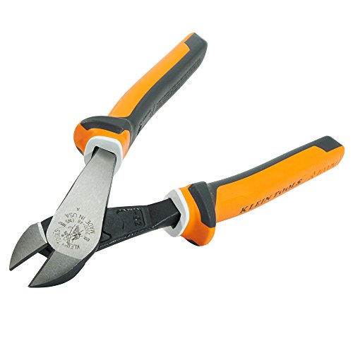 Product Cover Klein Tools 200048EINS Diagonal Cutting Pliers with Angled Head, Induction Hardened and 1000 V Rated 3-Part Insulated Grips