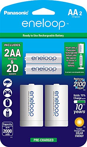 Product Cover Panasonic K-KJS1MCA2BA eneloop D Size Battery Adapters with eneloop AA 2100 Cycle Ni- MH Pre-Charged Rechargeable Batteries, 2 Pack with 2