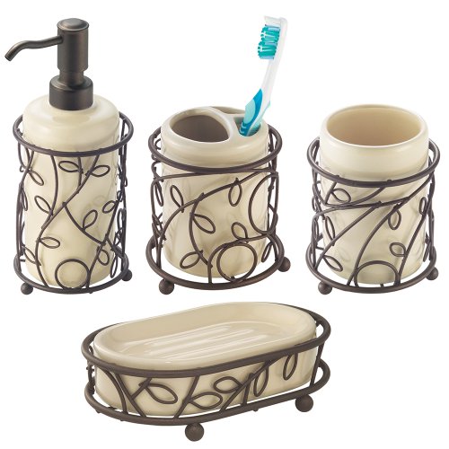 Product Cover InterDesign Twigz Bath Accessory Set, Soap Dispenser Pump, Toothbrush Holder, Tumbler, Soap Dish - 4 Pieces, Vanilla/Bronze