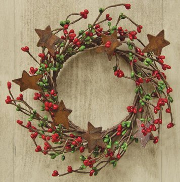 Product Cover Red & Green Pip Berry Ring Mini Wreath With Rusty Stars Country Primitive Christmas Holiday Decor