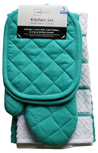 Product Cover Mainstay Teal Island Kitchen Towel Set 5 Piece- Pot Holders, Oven Mitt & 2 Terry Kitchen Towels (1, A)
