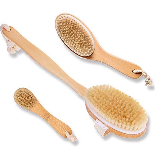 Product Cover 3 Brushs Touch Me 100% Natural Boar Bristle detachable Long Handle Wooden Dry Bath Body Back Brush, Contour Handle Dry Body Brush and Facial Complexion Brush, Premium Quality, Perfect Spa Gift