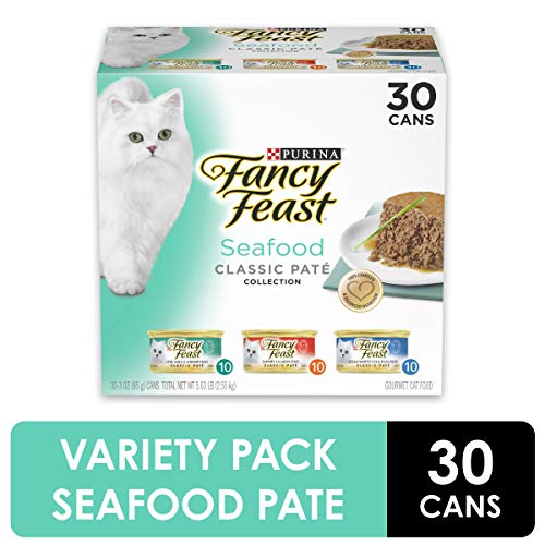 Product Cover Purina Fancy Feast Grain Free Pate Wet Cat Food Variety Pack, Seafood Classic Pate Collection - (30) 3 oz. Cans