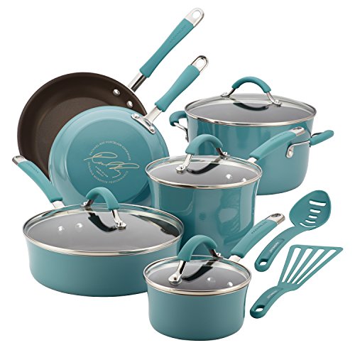 Product Cover Rachael Ray 16344 Cucina Nonstick Cookware Pots and Pans Set, 12 Piece, Agave Blue