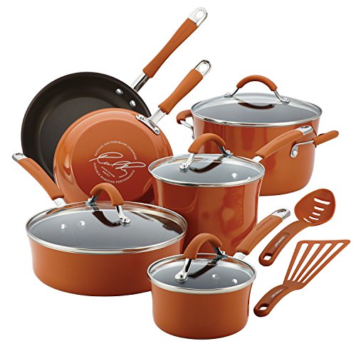 Product Cover Rachael Ray 16328 Cucina Nonstick Cookware Pots and Pans Set, 12 Piece, Pumpkin Orange