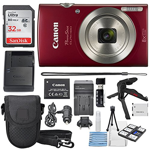 Product Cover Canon PowerShot ELPH 180 Digital Camera (Red) + 32GB SDHC Memory Card + Flexible tripod + AC/DC Turbo Travel Charger + Replacement battery + Protective camera case with Deluxe Bundle