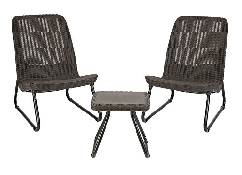 Product Cover Keter Rio 3 Piece Resin Wicker Furniture Set with Patio Table and Outdoor Chairs, Whiskey Brown