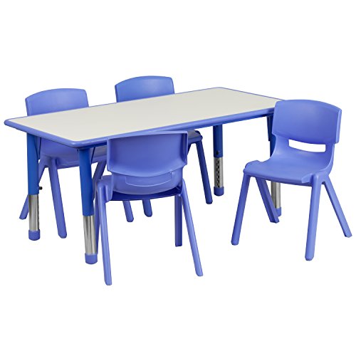 Product Cover Flash Furniture 23.625''W x 47.25''L Rectangular Blue Plastic Height Adjustable Activity Table Set with 4 Chairs