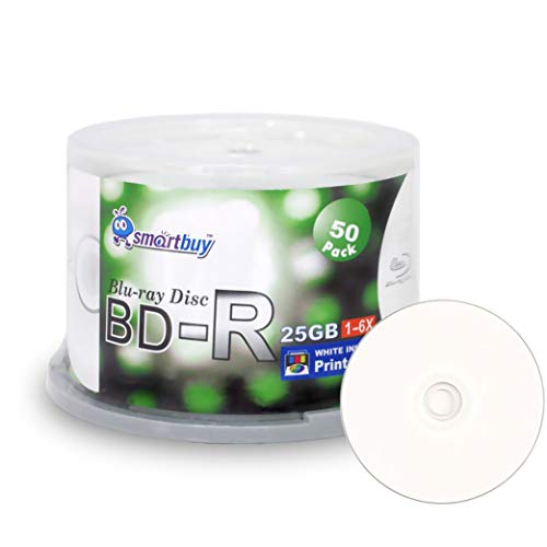 Product Cover Smartbuy 50 Pack Bd-r 25gb 6X Blu-ray Single Layer Recordable Disc Printable White Inkjet Blank Data Video Media 50 Disc Spindle