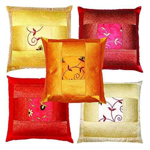 Product Cover Indian Ethnic Hand Embroidery Decorative Silk Pillow Cushion Cover Set of 5 Pcs Size 16 X 16 Inches