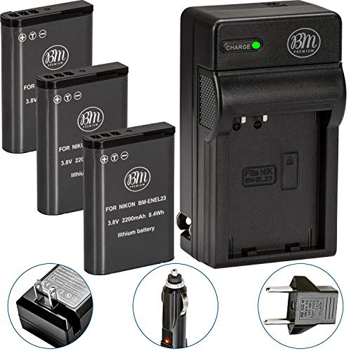 Product Cover Pack of 3 BM Premium EN-EL23 Batteries and Battery Charger for Nikon Coolpix B700, P900, P600, P610, S810c Digital Camera